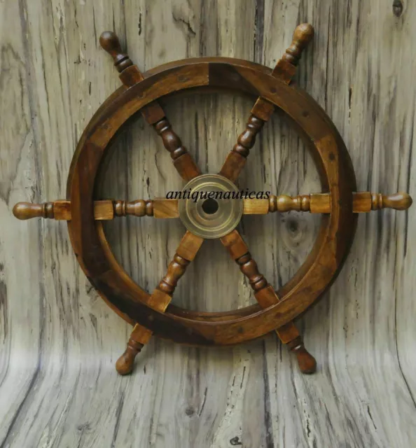 18" Nautical Wooden Ship Steering Wheel Pirate Wood Brass Fishing Wall Décor new