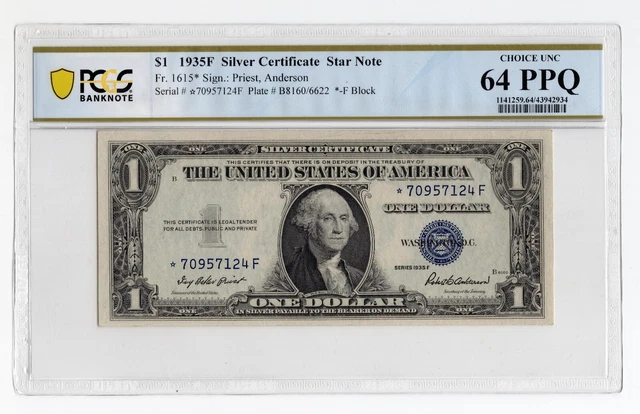 1935 F $1 Silver Certificate Star Note Fr. 1615* (F Block) - PCGS 64 PPQ