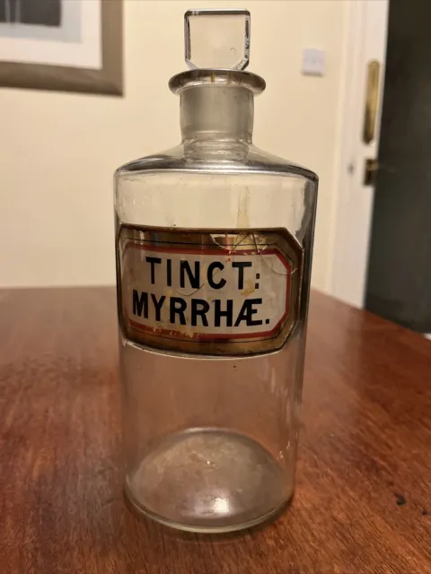 Large Vintage Glass Chemist Bottle Apothecary Pharmacy Tinct Myrrhae 23cm x 9cm