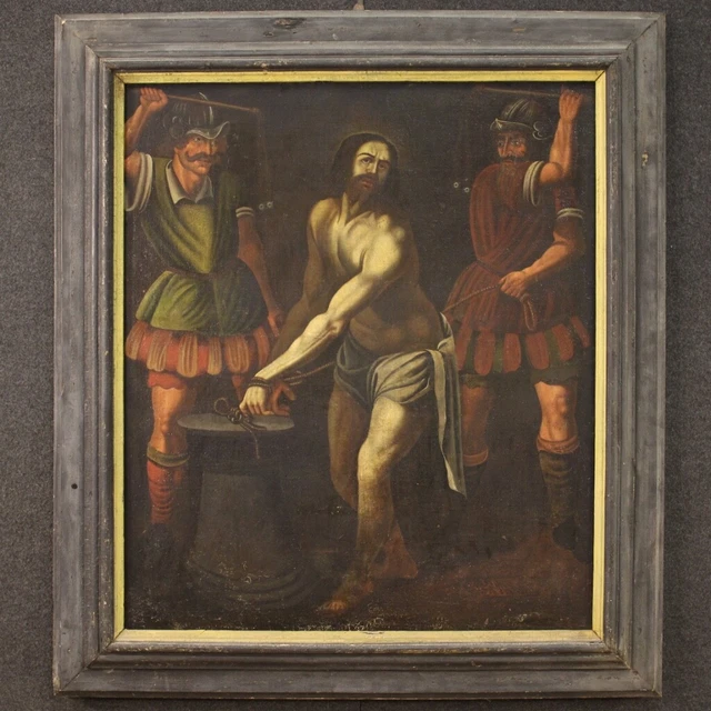 Pintura antigua oleo sobre lienzo 600 cuadro religioso flagelacion de Jesus