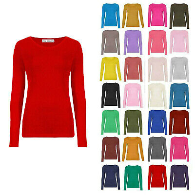 Womens Long Sleeve Round Neck Plain Basic Ladies Stretch T-Shirt Top UK 8-26