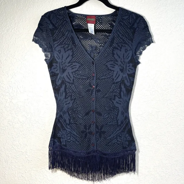 Kenzo Paris Women Y2K Blouse Knit Crochet Fringe Size S Blue Button Short Sleeve