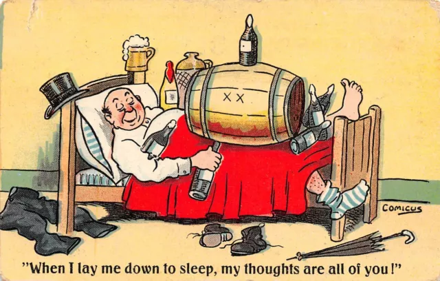 Postcard Comic Beer Theme  Fat Man Bed Thoughts     Comicus