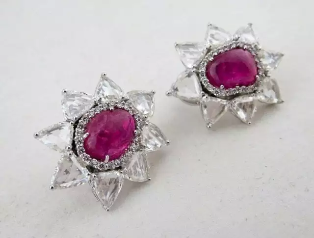 Ultimate Old Burmese Ruby Cabochon Rose cut Clear Cubic Zirconia Stud Earrings