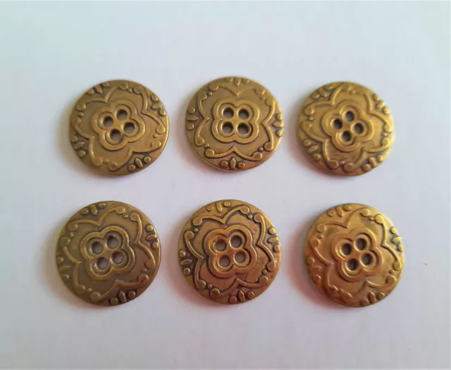 6 Metal Antique gold tone 4 hole Retro look buttons 23mm