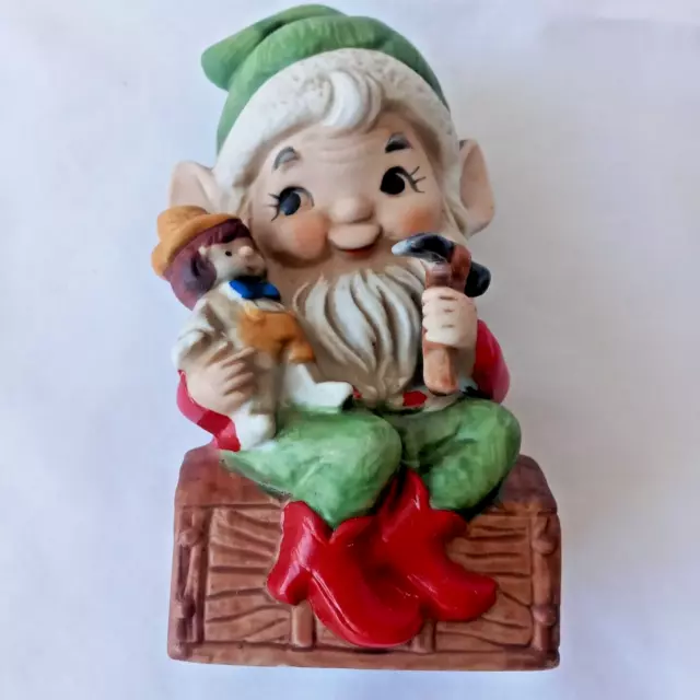 VINTAGE HOMCO Hand Painted Ceramic Santa's Elf with Toy & Hammer Figurine #5406