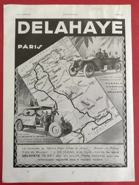 Publicité de presse: 1931 - Automobile DELAHAYE en Afrique & Chapeaux ELINA