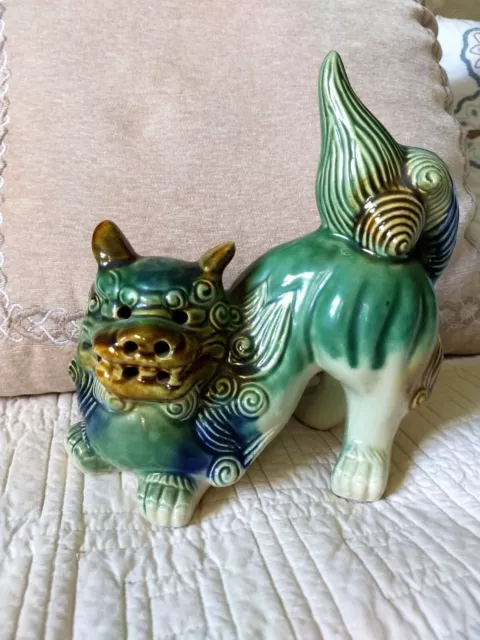 Vintage Majolica Chinese Porcelain Green, Blue & Tan Foo Dog Shishi Lion Statue