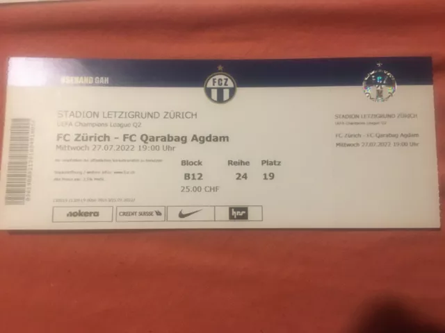 Sammler Ticket UEFA Champions  league game Fc Zurich  vs  Qarabag 27.07.2022