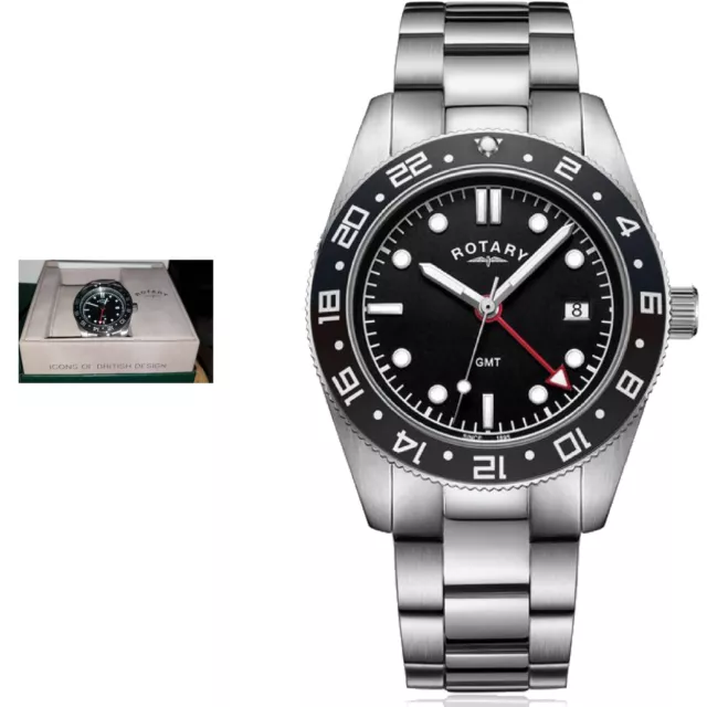 ROTARY GB03014 04 GMT Henley Men s Silver Stainless Bracelet Black Dial Watch 97.99 PicClick UK