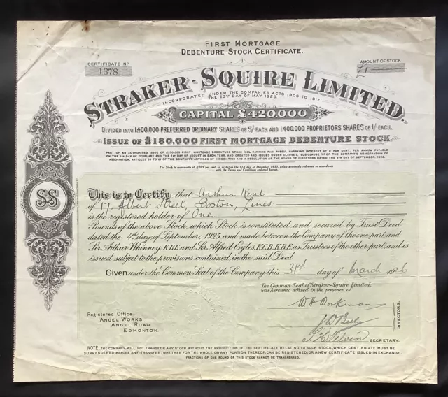 Straker-Squire Limited Debenture Stock 1926