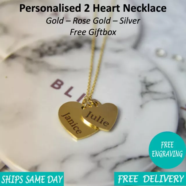 Personalised Engraved Womens Jewellery 2 Heart Necklace Rose Gold Silver Giftbox