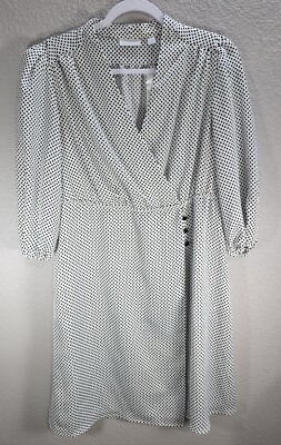 Women's New York & Company Polka Dot White Black Puff Sleeve Wrap Dress Sz M New