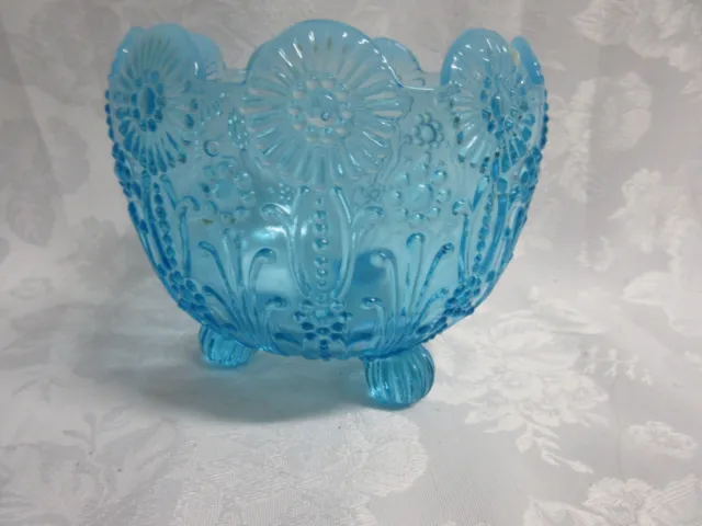 Northwood Glass Blue Opalescent Footed 4.75" Tall Rose Bowl w Pearls & Flowers
