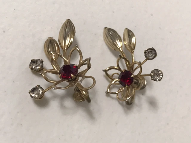 Vintage Gold Tone Prong-Set Red & Clear Rhinestones Flower Screw Back Earrings