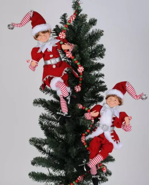 Set/2 14" Karen Didion Posable Stripe Red White Elf Doll Figure Christmas Decor