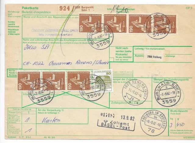 Briefmarken,Deutschland,Paketkarte in die Schweiz, 1982 Technik, Burgwald