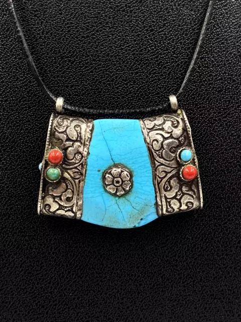 Originale Navajo Argento Sterling Turchese Con Corallo Ciondolo (22.9grams)