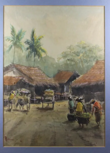 Original Vietnam Southeast Asia village landscape watercolor painting