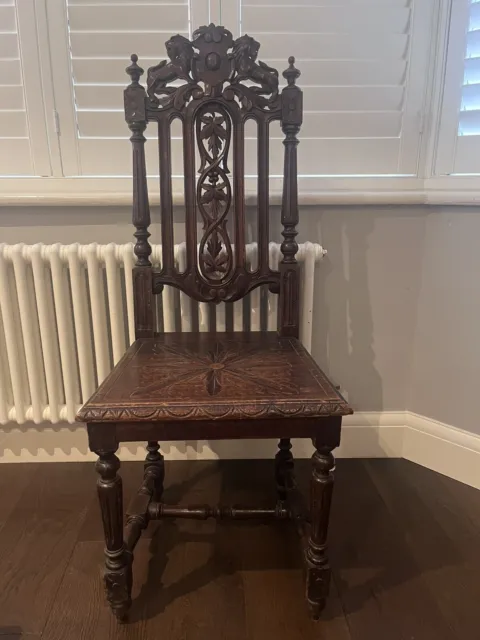 Victorian Gothic Hand Made & Carved Oak Hall Chair.