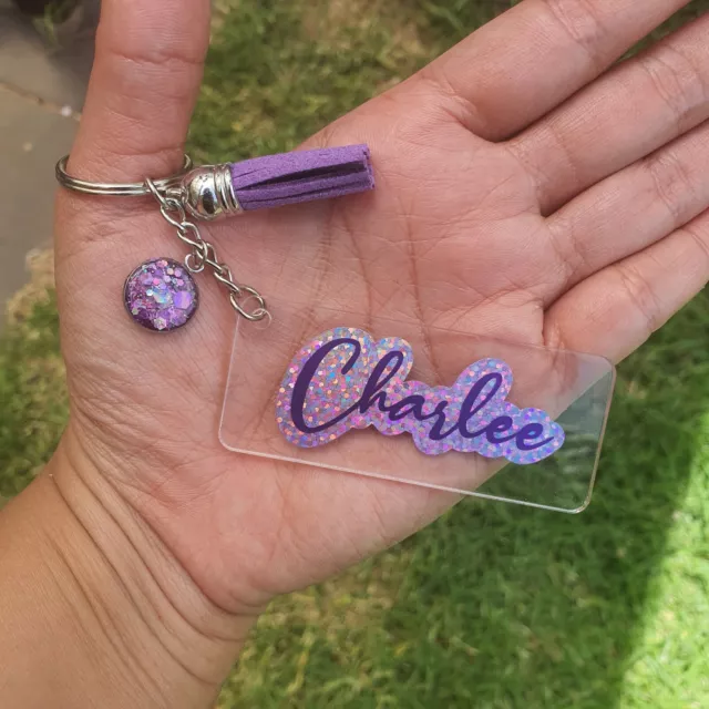 Personalised clear acrylic bag tag - custom name keyring back to school present