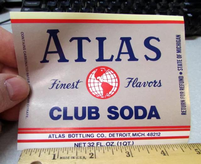 Vintage Original UNUSED Label Atlas Club soda, bottled in Detroit Michigan