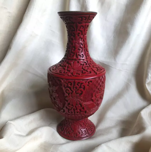 Chinese Beijing Carved Lacquer Red Cinnabar Vase Floral Flowers