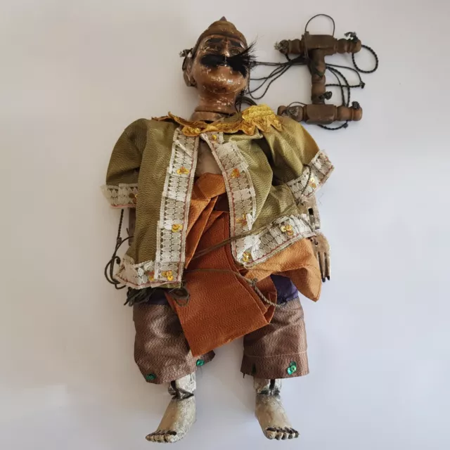 Antique Burmese marionette puppet man 45cm hard carved wood cloth Asian culture