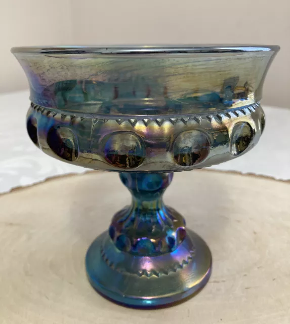 Gorgeous VTG 1978 Blue Carnival Glass 5.25” Tall Footed Wedding Bowl Iridescent