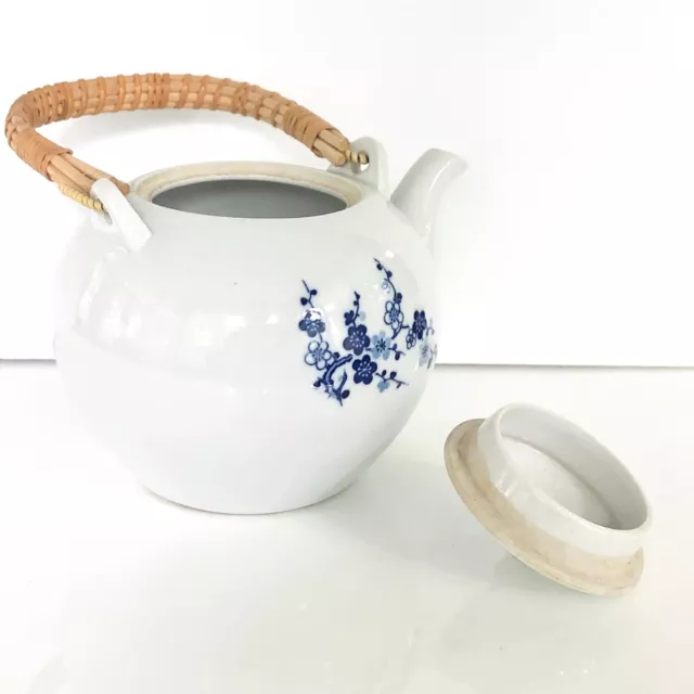 Vintage White Blue Floral Teapot w Lid, Rattan Handle, Otagiri OMC Made in Japan 2