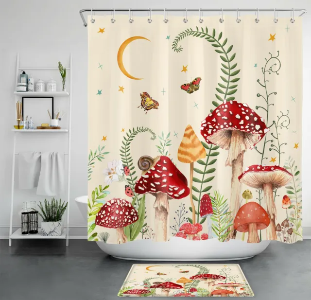 Mushroom Flowers Shower Curtain Vintage Plant Butterfly Bathroom Accessories Set