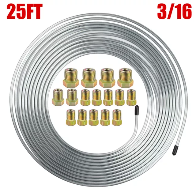 Brake Line Tubing Kit - Flexible Double Galvanized Steel 25 Ft. 3/16 16 Fittings