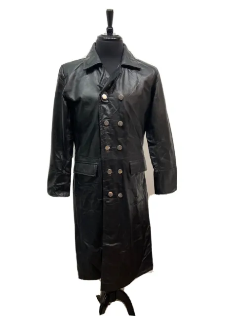 Men's German Classic WW2 Military Black Leather Trench Coat Medium Cosplay