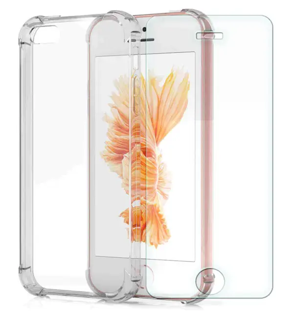 Case for iPhone SE (2016-2019) 5 5s Gel Clear Cover + Glass Screen Protector