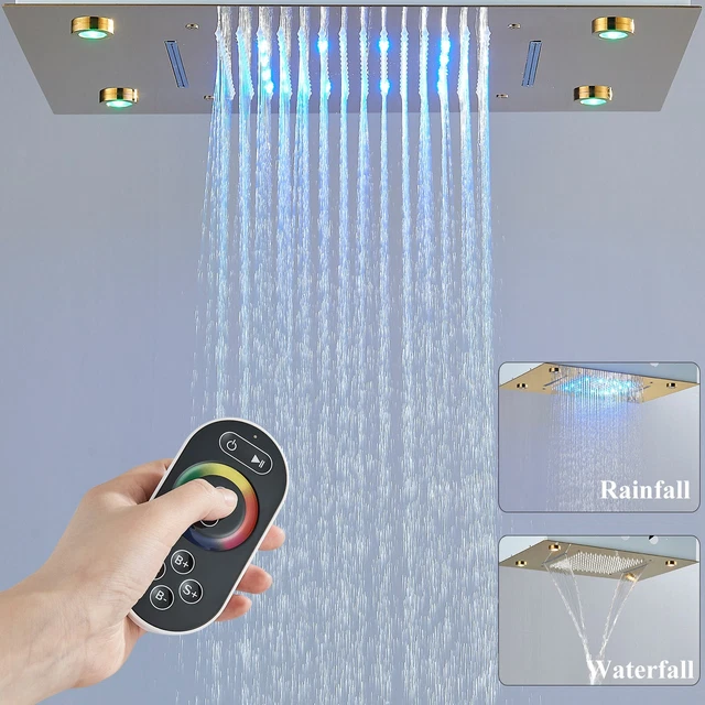 COLOR CHANGING LED Rainfall&Waterfall Shower Head Gold Top Spray ...