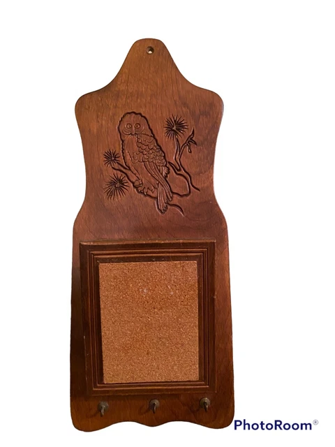 Hanging Letter Key Wall Organizer Wood Owl Note Cork Holder Cabin Farmhouse