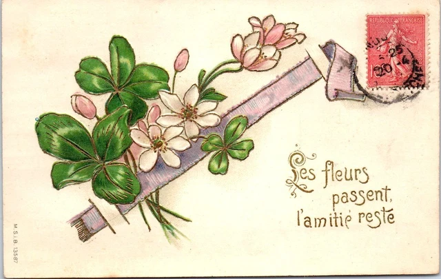 Carte postale ancienne Souvenir d'Amitié Portrait enfant avec oiseaux
