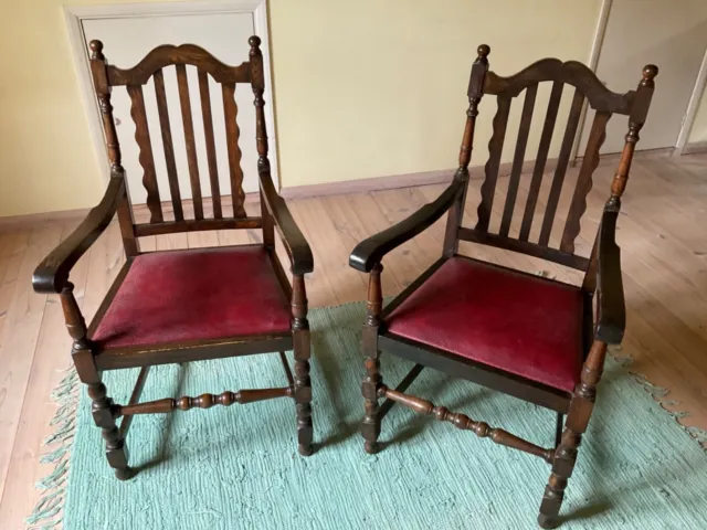 Vintage pair of oak throne/hall chairs