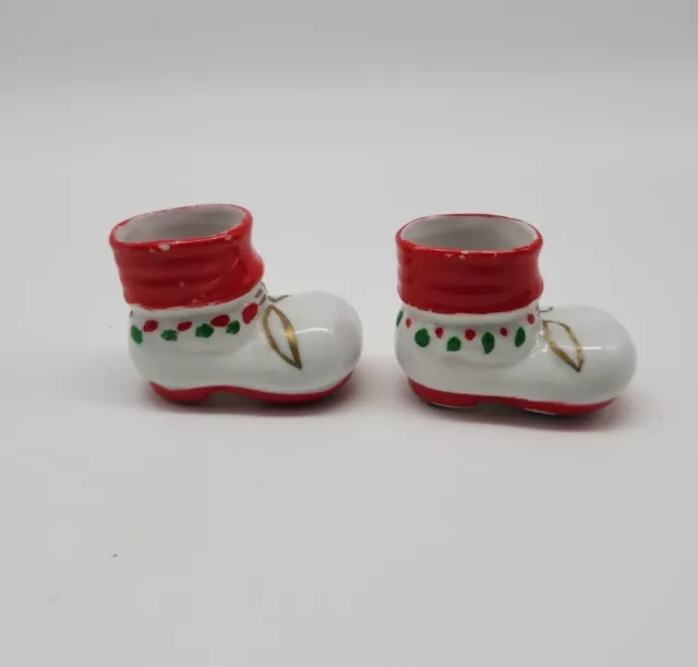 2 Christmas Vtg Miniature Santa Boot Decor Ceramic Toothpick Holder Holly Japan