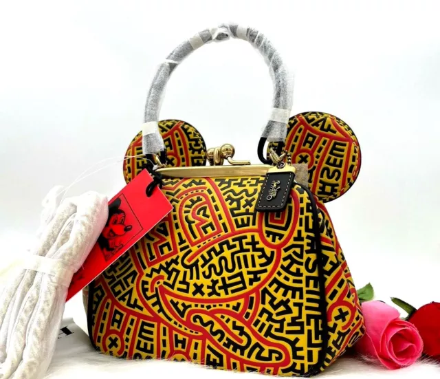 Authentique Nwt COACH Mickey Mouse x Keith Haring Kisslock Mini Sac Cuir Limité