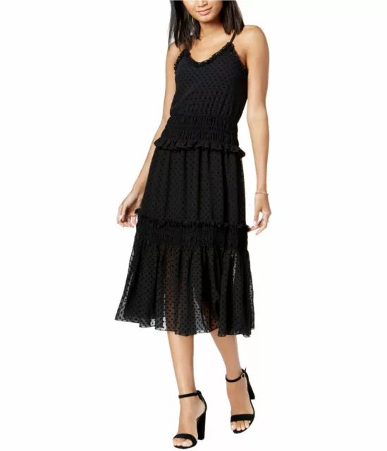 Maison Jules Womens Dress Smocked Fit Flare Polka Dot Midi Dress Black $89