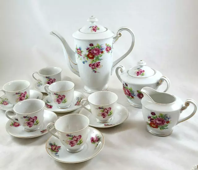 Yamaka Fine China Occupied Japan Tea Pot/6 Cups Saucers/Cream & Sugar-Pink Flora