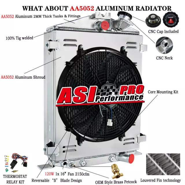 3-ROW ALUMINUM RADIATOR SHROUD FAN for 1932 FORD HI-BOY HOT ROD RAT ROD CHEVY V8