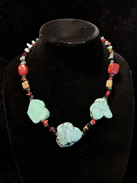 Turquoise Natural Slab Stone Necklace Red Coral, Onyx & Turquoise Beads & Chips