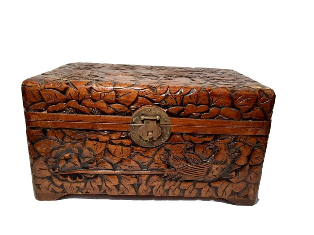 Vintage Hand Carved Wooden Jewelry Trinket Keepsake Box Flowers & Birds, 12 x