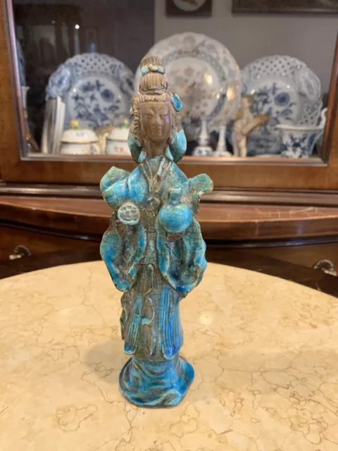 Antique Chinese Porcelain Turquoise Crackle Glaze Guanyin Ming Dynasty