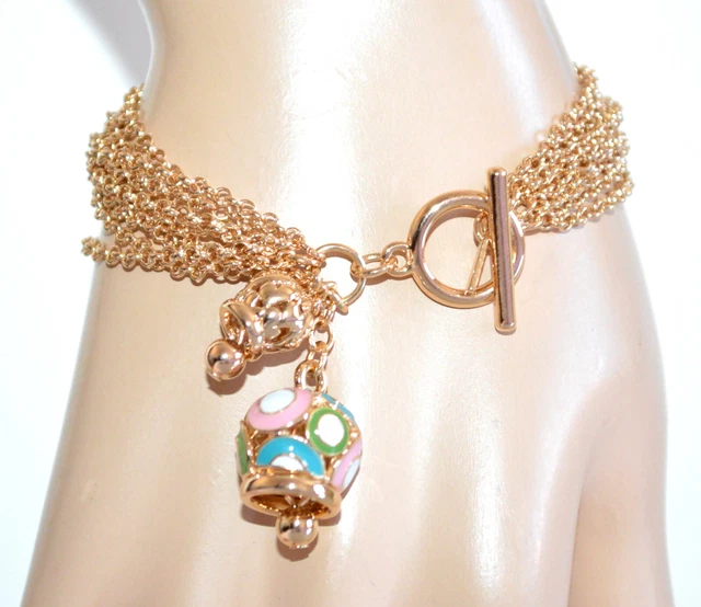 Bracciale donna oro dorato ciondoli campanelle catena multi fili charms UA66