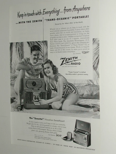 1948 ZENITH RADIO advertisement, Zenith Trans-Oceanic Radio & Zenette
