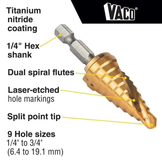 Klein Tools 25963 Step Drill Bit, Spiral Double-Fluted, 1/4" to 3/4", VACO 2