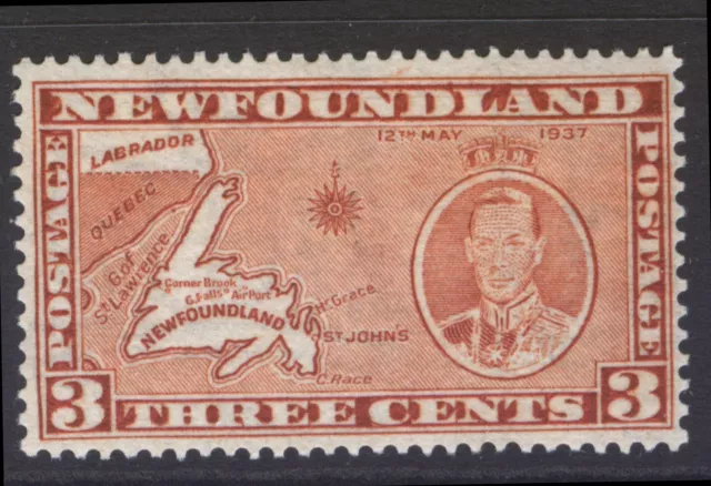 NEWFOUNDLAND 234h SG 258ed 1937 3c KGVI LONG CORONATION CP13.3x13.3 DIEII MNH